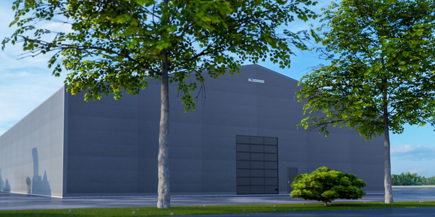 Bildet vider en illustrasjon av en plasthall levert av FBS hallsystemer.