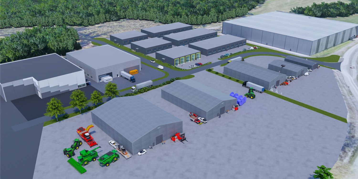 Illustrasjon av næringspark med store bygg og haller levert av FBS international
