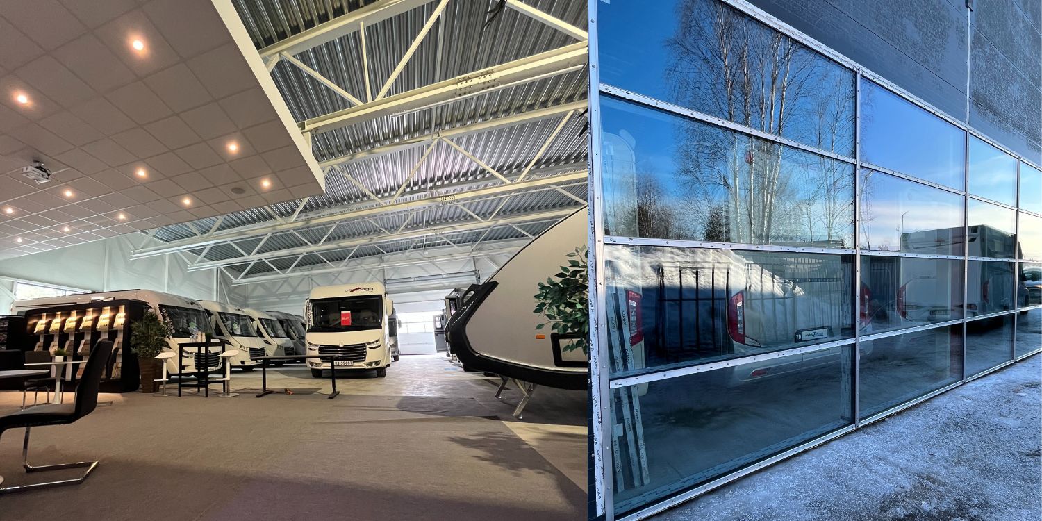 Glassvegg og innsiden av kombinasjonsbygg lager og butikk Mobile Zentrum, Hokksund