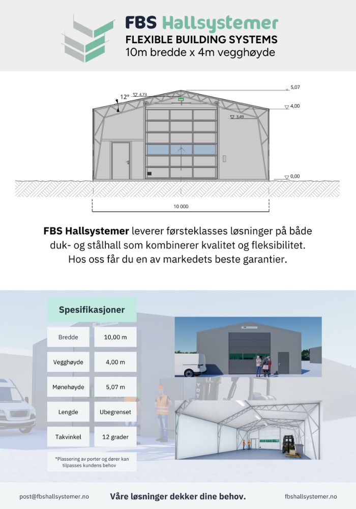 Produktark for plasthall 10m levert av FBS Hallsystemer med spesifikasjoner.